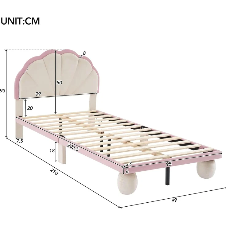 Ball & Cast Kinderbett (90x200 cm) mit Lichtstreifen, Polsterbett mit Wellengestriftem Kopfteil aus Samt, Einfach & Zeitsparend Montierbar, Beige+Rosa – Bild 2