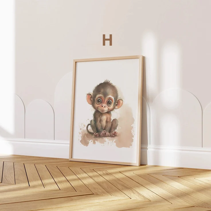 Poster Kinderzimmer Tiere Wald Dschungel Aquarell · Kinderzimmer Bilder · Wand Deko · Kunst Druck · Deko Print · ohne Rahmen - H Affe / 20x25 cm