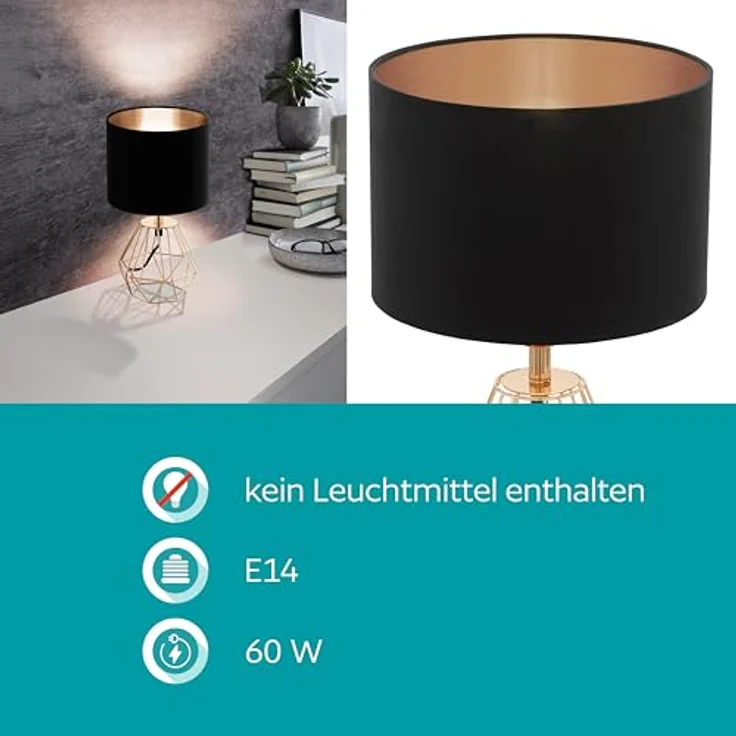 Eglo 95787 Tischleuchte Carlton 2 Stahl, Textil kupfer ,schwarz E14 1X40W H:30,5 Ø16,5cm mit Kabelschalter – Bild 5