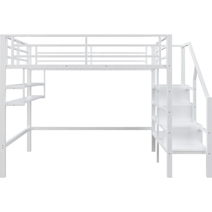 Hochbett mit Lattenrost, 140x200 cm, Metallbett mit Rausfallschutz, Regal, Treppe, Jugendbett, Kinderbett – Bild 7