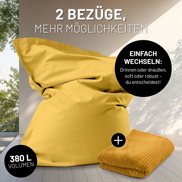 Lumaland Sitzsack Classic XXL All-in-One Set | Riesen Sitzsack XXL mit Cord & Outdoor Bezug für drinnen & draußen | Sofa Sessel mit im Innensack sicher verpackter EPS-Füllung – Hüllen Easy wechselbar – Bild 4