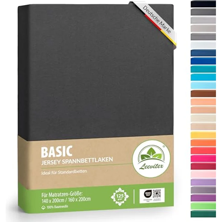 leevitex® Spannbettlaken 140x200cm - 160x200cm, 100% Jersey Baumwolle, für Matratzenhöhe bis 25 cm, Öko-Tex, anthrazit – Bild 1