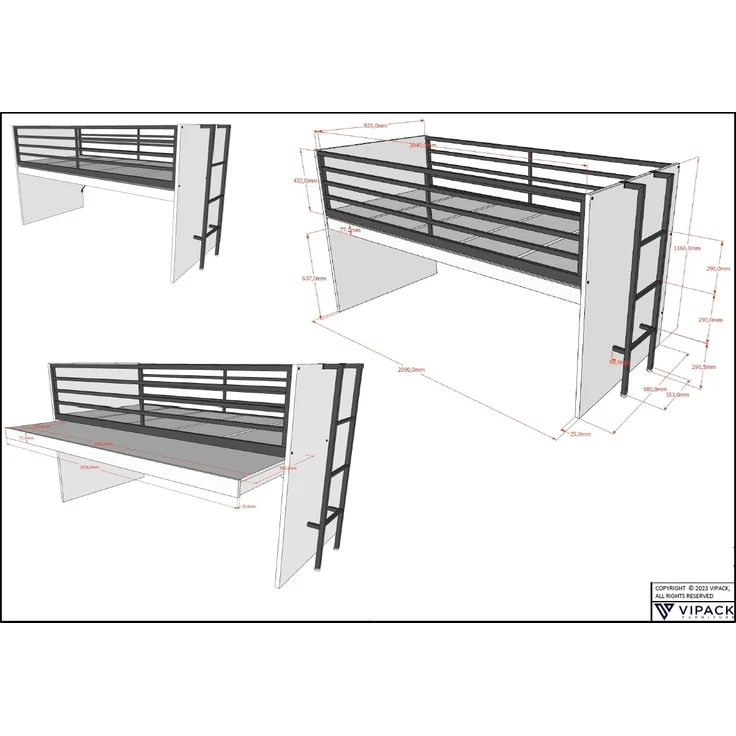 Halbhohes Bett mit Schreibtisch Kommoden Sam 98 x 219 x 116.6 cm – Bild 5