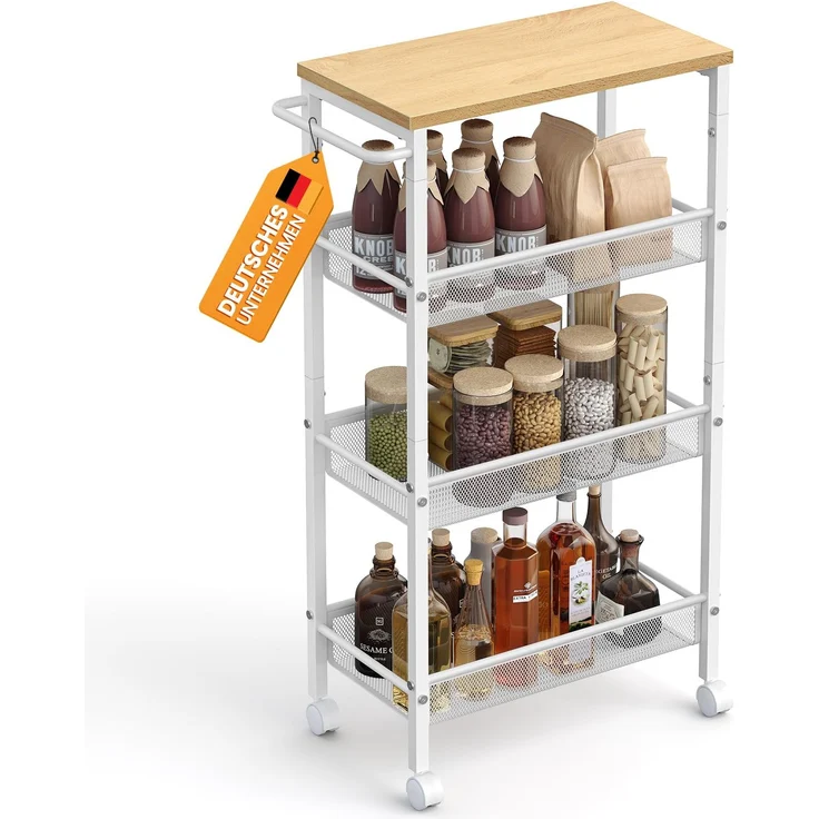 VASAGLE Rollwagen, Schmaler Küchenwagen mit 4 Ebenen, 45,4 x 22 x 77 cm | Nischenregal mit Rollen, für Küche und Bad, Goldeiche und Mattweiss, DACEY Kollektion LRC033W09