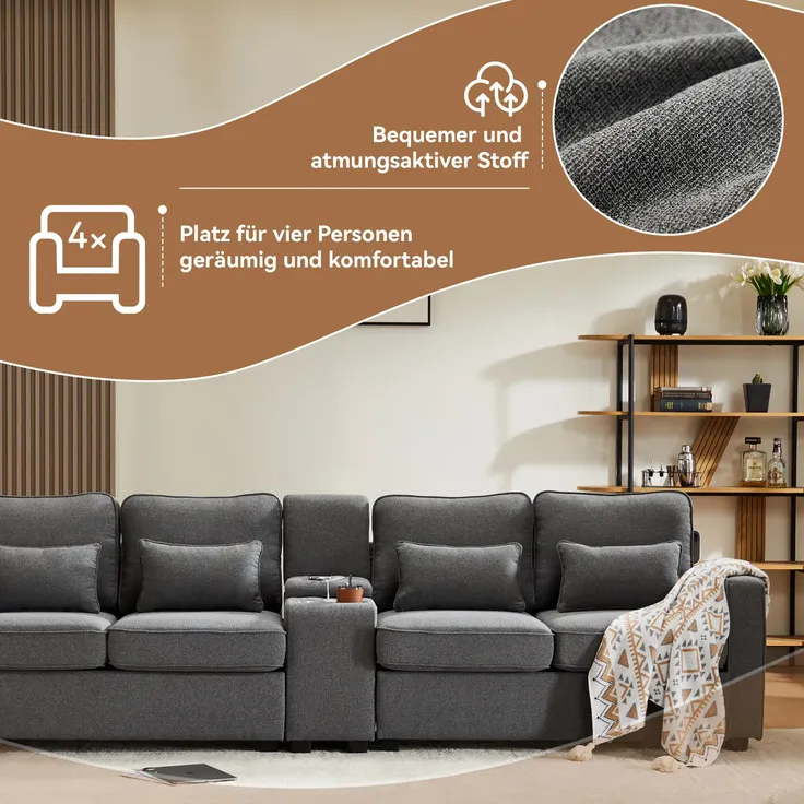 Big-Sofa, 4-Sitzer inkl. loser Zier- und Rückenkissen, Zwischentisch, USB-Anschlüssen, Polstersofa, Wohnzimmersofa, Leinen – Bild 5