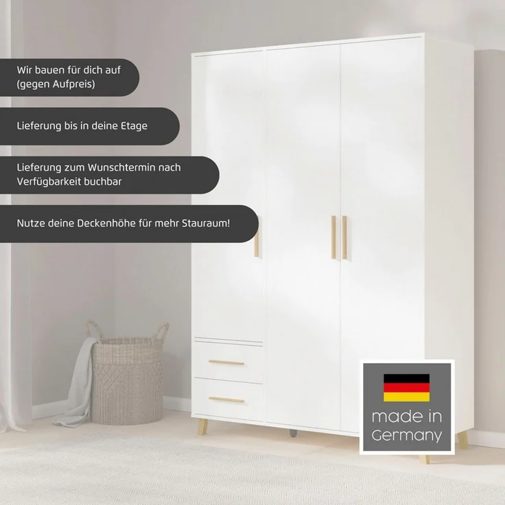 rauch Drehtürenschrank Kleiderschrank Schrank Garderobe Wäscheschrank SHINJO (in 3 verschiedenen Ausstattungen BASIC/CLASSIC/PREMIUM) Griffe und Füße aus Massivholz mit 2 Schubladen MADE IN GERMANY – Bild 3