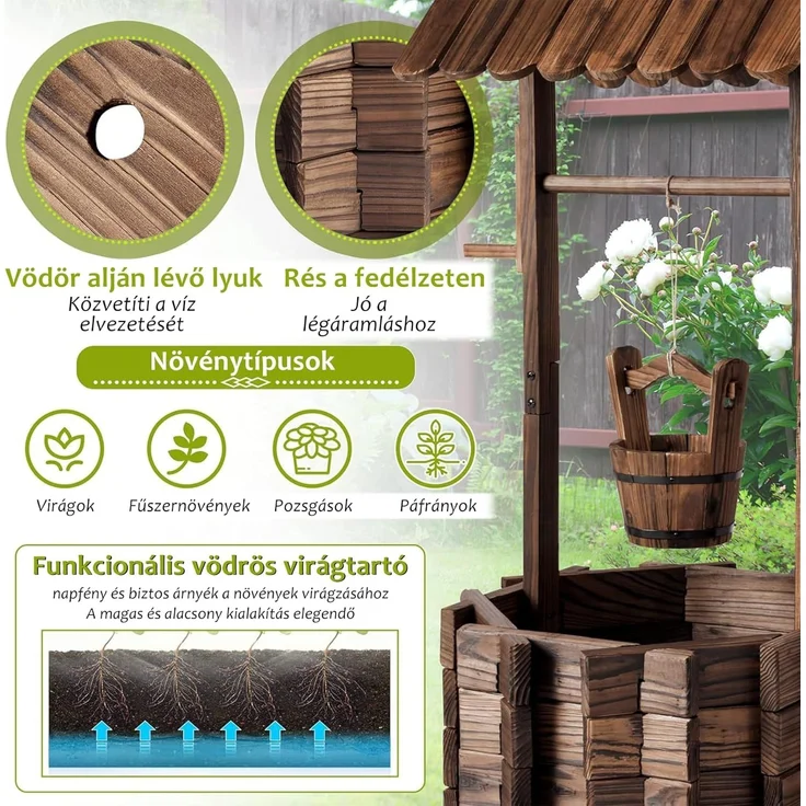 Aoxun Pflanztopf Wunschbrunnen Holz, Ziehbrunnen Pflanzenständer, Wunschbrunnen Pflanzkübel, 54x54x118cm, Dekobrunnen für Garten, Gartenbrunnen Blumenkübel,Natürlicher Holzfarbton – Bild 5