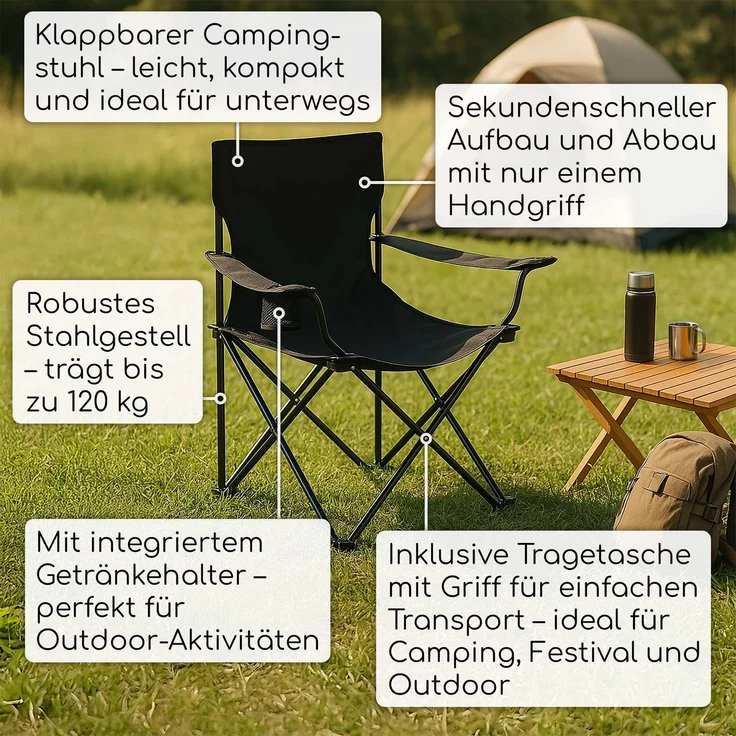 Raburg Campingstuhl Angelstuhl, praktischer Faltstuhl mit Armlehnen, Joe, Schwarz (Set, 1 St), mit praktischem Getränkehalter und Tragetasche – Bild 2