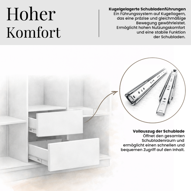 Schwebetürenschrank SKORIA mit großer Spiegelfront, Breite 240 cm, moderner Kleiderschrank, inkl. Innenausstattung und Stauraum - Kaschmir - mit Schubladen – Bild 11