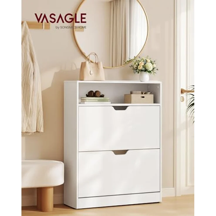 VASAGLE Schuhschrank 2 Klappen, Schuhkipper, Schuhregal, Schuhaufbewahrung, offenes Fach, Trennwand verstellbar, für 11-16 Paar Schuhe, Flur, 24 x 80 x 102 cm, wolkenweiß LBC048W01 – Bild 3