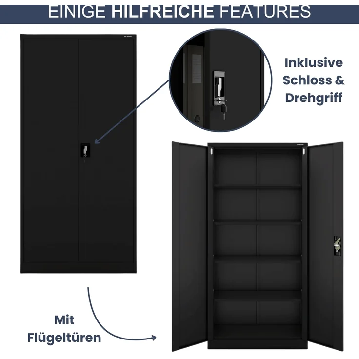 Aktenschrank abschließbar KADO - 5 Ebenen verstellbar, Flügeltüren | Metallschrank Werkstatt Mehrzweckschrank Büroschrank aus Stahl Werkzeugschrank, 195x90x40cm Schwarz – Bild 5