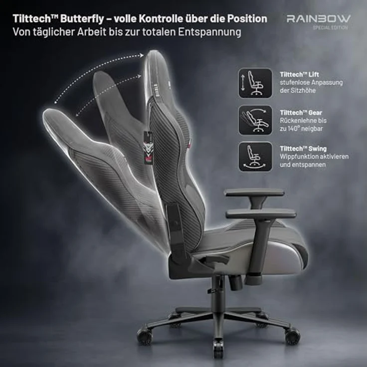 Diablo Gaming Stuhl ergonomisch Stoff Gaming Chair 140 kg belastbar Bürostuhl Gamer Stuhl mit 3D Armlehnen Lendenkissen Kopfkissen Wippfunktion Verstellbarer Rückenlehne Rainbow Grey – Bild 7