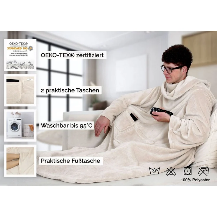 Wohndecke, ZOLLNER, mit Ärmeln und zwei Taschen, 170 x 200 cm, 100% Polyester, mit Ärmeln und zwei Taschen – Bild 2