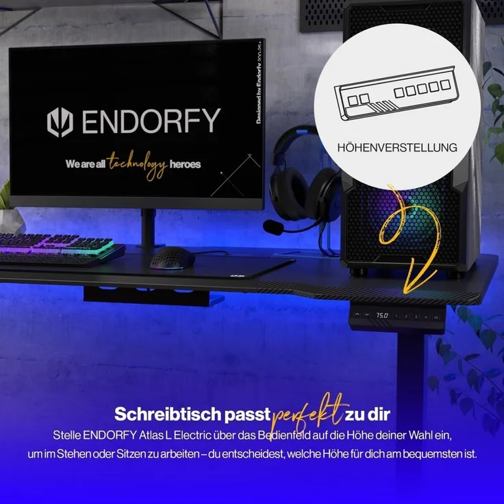 Endorfy Atlas L Electric - Sitz-Steh-Schreibtisch - elektrische Höhenverstellung - schwarz - schwarzer Fuß – Bild 3