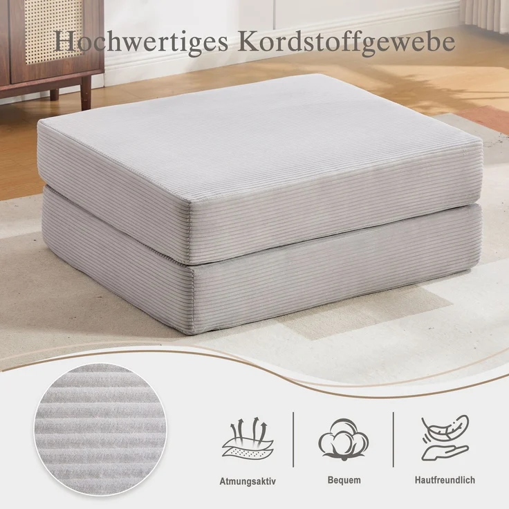 Cord-Kompressionshocker – weich, hautfreundlich, 2 dicke Schaumstoffblöcke für hohen Sitzkomfort, Ausklappbar zum Einzelsessel – platzsparend, vielseitig, frei kombinierbar – ideal für jeden Raum.--Hellgrau--109x95x43cm--YOUDENOVA – Bild 5