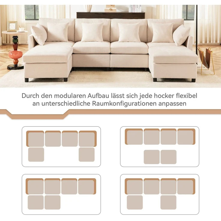 Big-Sofa mit Rückenkissen, Zierkissen und loser Kissen, 6-Sitzer Sofa, L-Form, U‑Form, Chenille Bezug – Bild 3