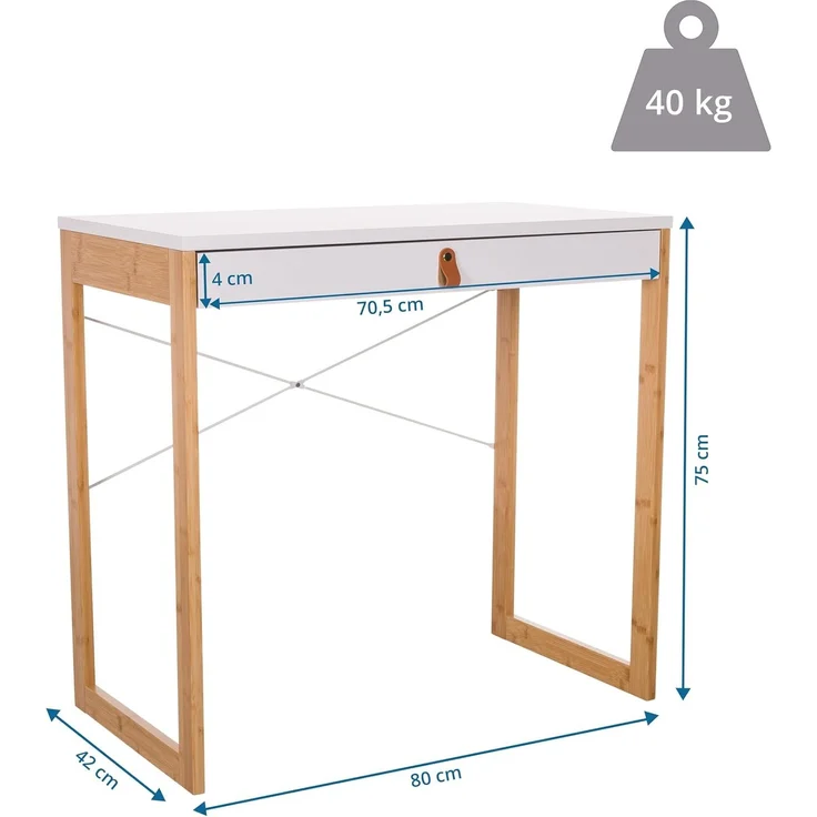 hjh LIVING Schreibtisch mit 1 Schublade 80x42 cm TAROLO II Bambus Gestell, Kleiner Tisch im skandinavischen Stil, Computertisch Weiß – Bild 3
