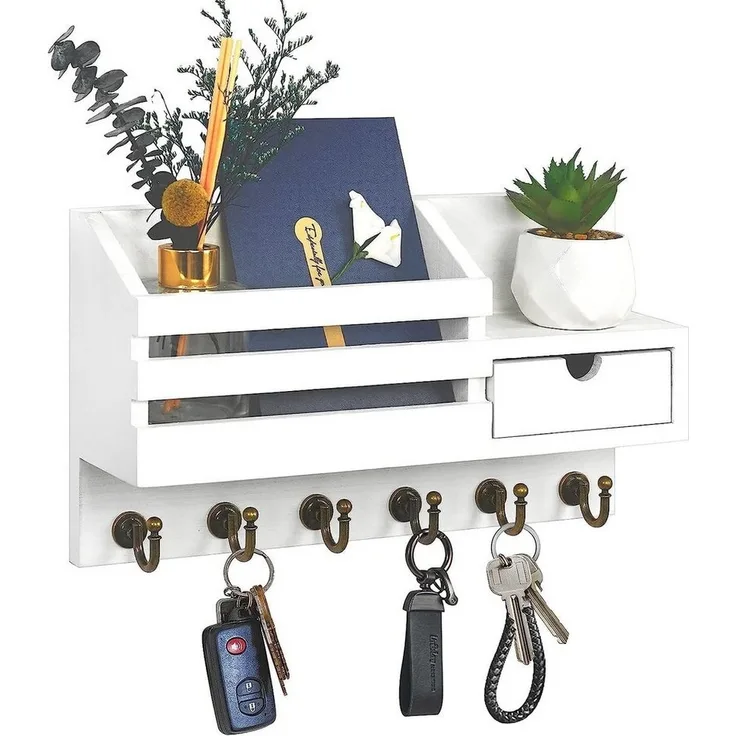 SURFOU Schlüsselbrett Schlüsselhalter Wand Schlüsselbrett Briefhalter mit 6 Schlüsselhaken, (mit Ablage hat Haken für Eingang Wohnzimmer Flur Büro), Wandhalterung Schlüsselhaken Wandregal Schlüssel und Briefhalter