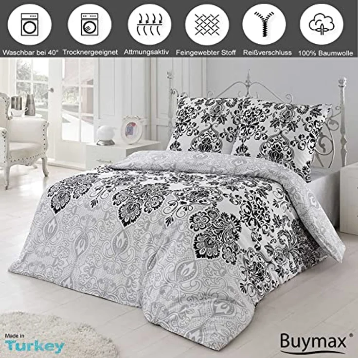 Buymax Bettwäsche Wendebettwäsche, Bettbezug-Set, Renforcé 100% Baumwolle, 2 teilig, 155x220 cm, elegant, mit Reißverschluss, Barock, Weiß, Grau – Bild 3