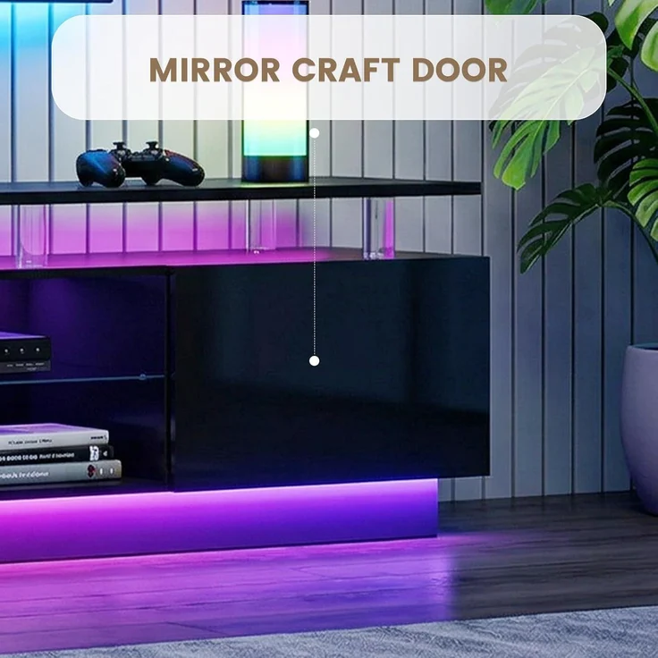 Aoxun 200 cm Fernsehstand, mit 2 Seitenkabinett, Moderner Stilvoller TV-Console mit LED Leuchten, Gaming-Fernseh-Medienconsole mit Verstellbarem Glasregal, Fernbedienung & APP-Steuerung, Schwarz – Bild 6
