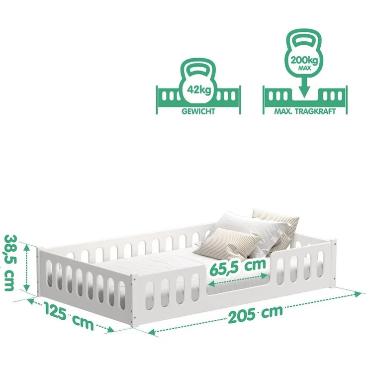CADANI 2in1 Monte Bodenbett 120x200 cm Montessori Kinderbett weiß, Rausfallschutz abnehmbar, 42 kg schwer, bis 200 kg belastbar, extra starker Roll-Lattenrost, umbaubar – Bild 2