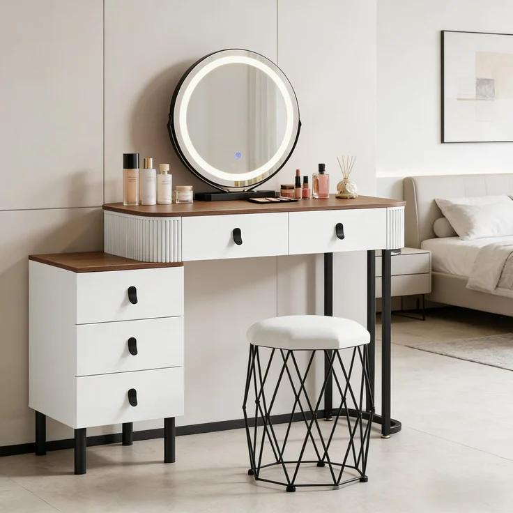 EINHOM Eleganter Umkleidetisch mit Make-up Hocker, Umkleidetisch mit Schublade, Bürotisch(nur mit Make-up-Tisch und Make-up Hocker) – Bild 3