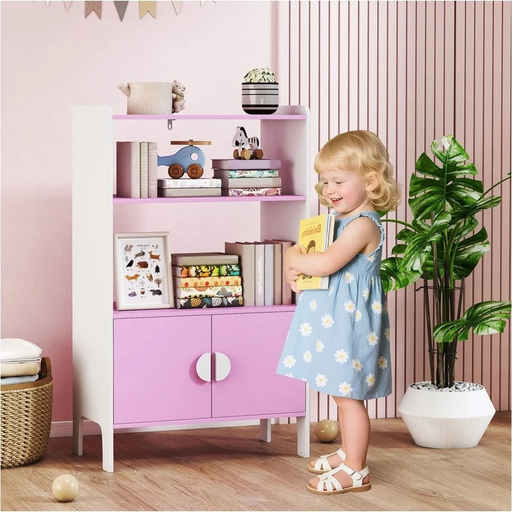 AIYAPLAY Kinderregal mit 2 offene Ablage, 2 Schränke, Kippschutz, rutschfesten Füßen, Bücherregal Kinder 1-tlg, für Kinderzimmer 60 x 35 x 100 cm Rosa – Bild 5