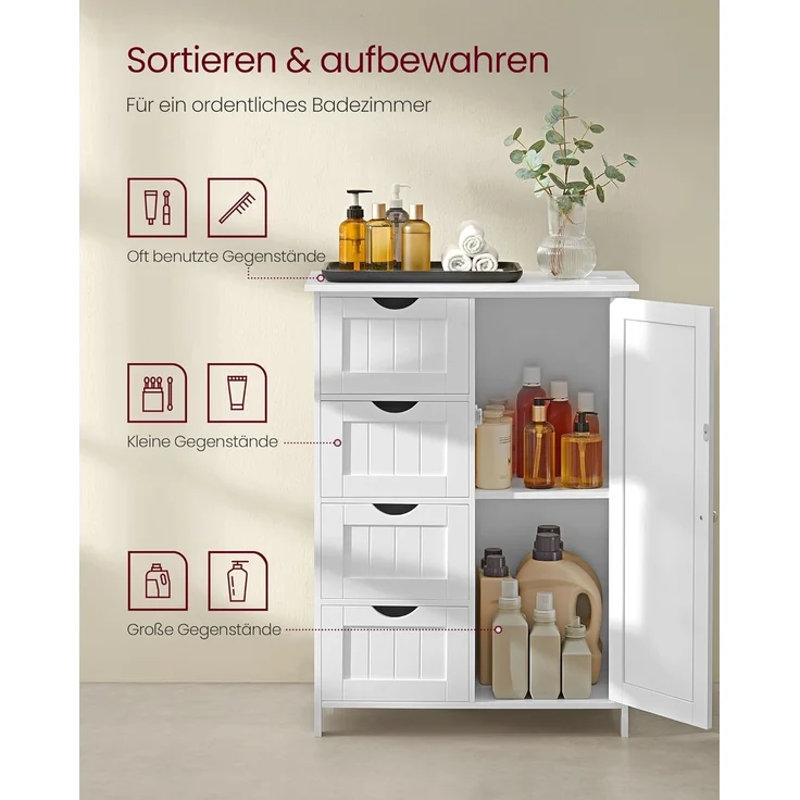 Vasagle Badezimmerschrank, schmaler Badschrank, Beistellschrank, Kommode, mit Schubladen, Schranktür, verstellbare Ablage, x x cm,, Weiß, 4 – Bild 4