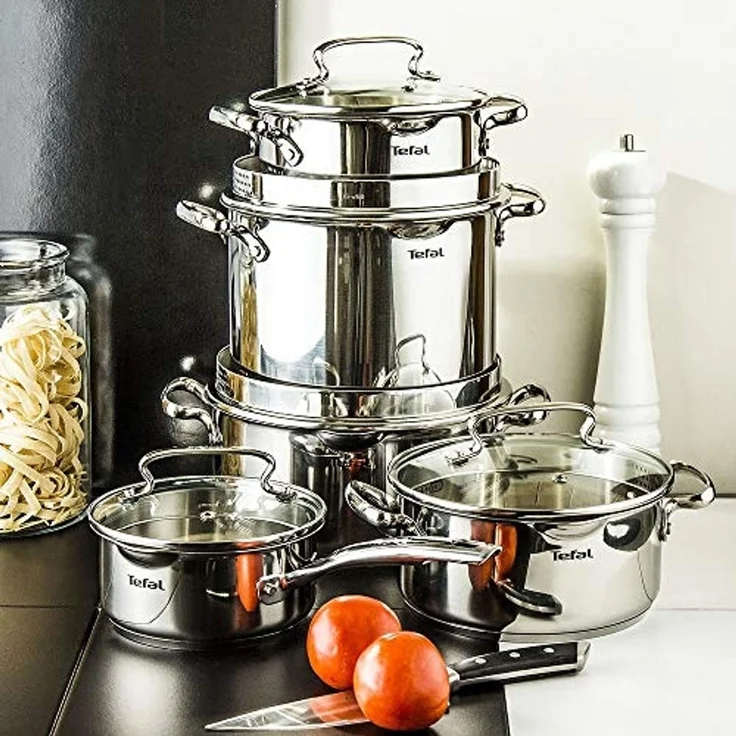 Tefal Topf-Set Duetto+, Kochtopf Set mit Glasdeckel, Edelstahl (Set, 10-tlg, Stieltopf 16 cm, Schmortöpfe 18/20/24 cm, Suppentopf 22 cm), Abgießdeckel, integrierte Messskala, induktionsgeeignet, rostfrei – Bild 2