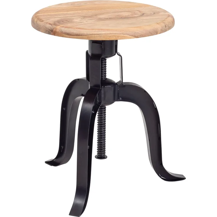 Drehhocker 39x62,5x39 cm Akazie Massivholz / Metall Schwarz Drehbar, Design Dekohocker Höhenverstellbar, Stehhocker Rund Industrie, Kleiner Barhocker, Metallhocker mit Holzplatte Modern