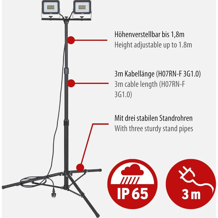 brennenstuhl Stativ LED Strahler JARO 6060 T, 4800lm, 2x 20W, 3m H07RN-F 3G1,0, IP65 – Bild 2
