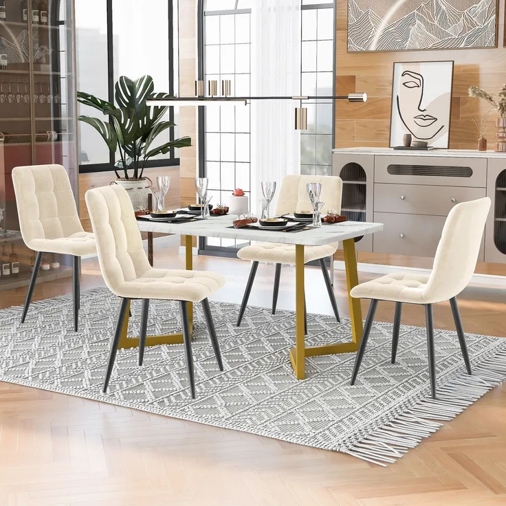 Esszimmer-Set 5-teilig Rechteck Tisch 117cm×68cm,4 beige Samtstühle Metallbeine moderner Küchentisch