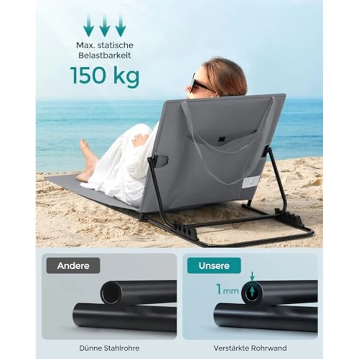 Songmics Strandstuhl, 2er Set, Campingstuhl, Sonnenliege, Strandliege, klappbar, verstellbare Rückenlehne, leicht tragbar mit Griff, für Camping, Garten, Pool, 158x55 cm, schiefergrau GCB251G01 – Bild 6