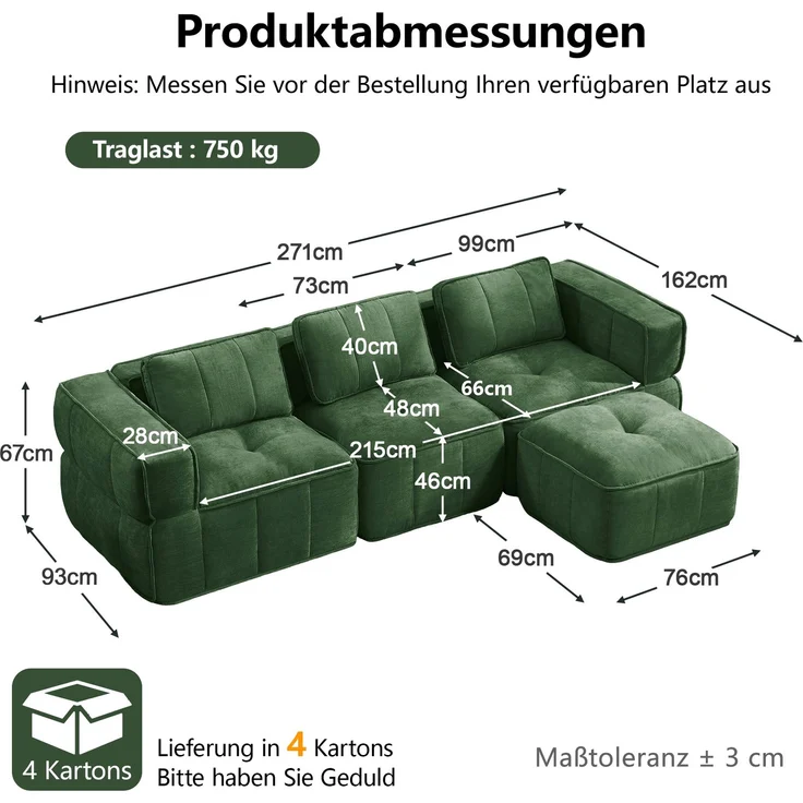 EINHOM 3-Sitzer L-förmiges rahmenloses Modulsofa mit 1 Hocker, knochenloses Design, 32D-Schaumstoff hoher Dichte, tiefes Sitzkissen, bequemer Stoff, ideal für das Wohnzimmer, Grün – Bild 2