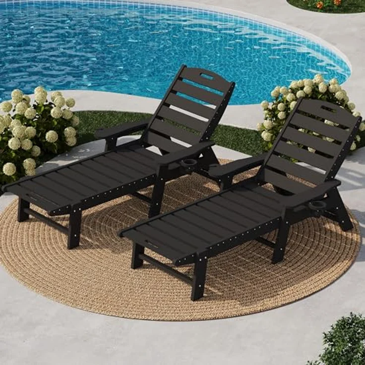 GarveeHome Wetterfeste Gartenliege Aus HDPE, Sonnenliege Mit Verstellbarer Rückenlehne Und Getränkehalter, Lange Poolliege, Für Pool, Strand Und Garten, 150x60x98cm (1 Stück) – Bild 1