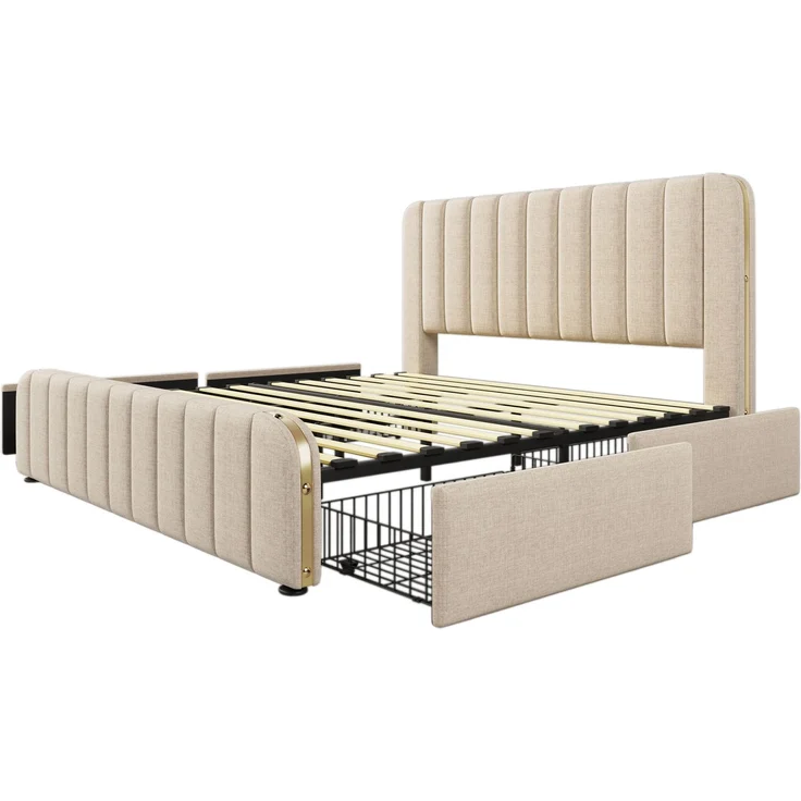 Polsterbett Doppeltes, gepolstertes Kopfteil mit goldenen Zierstreifen und ,USB Typ-C Ladefunktion 180*200 cm, Beige Leinen-Material mit 4 Schubladen ,Belastbarkeit 226 kg (Ohne Matratze) – Bild 9