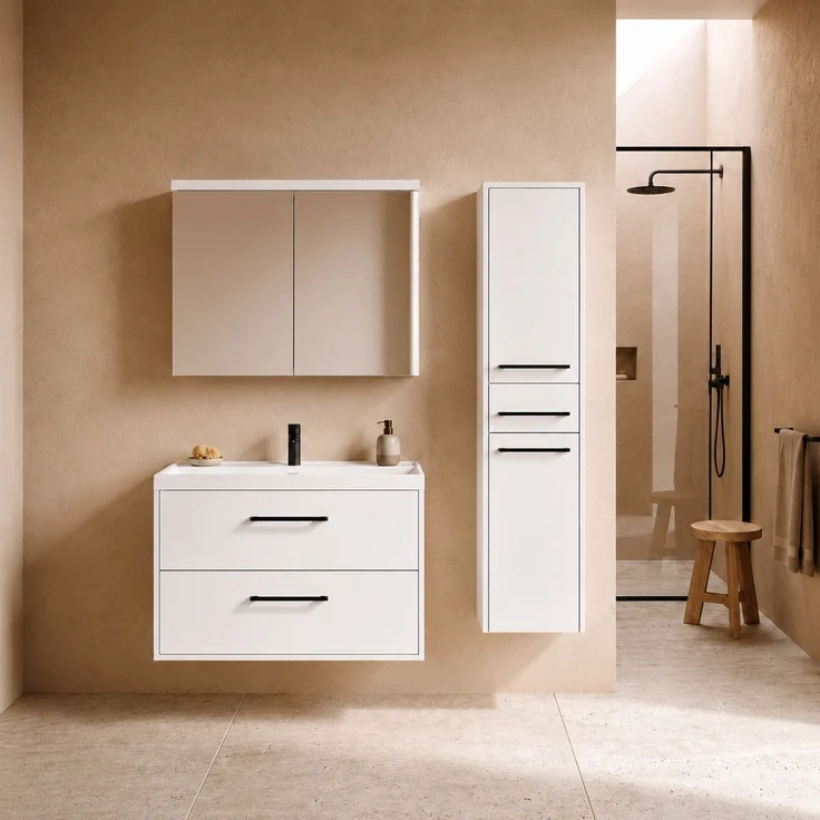 Badplaats Badmöbel-Set Florence 80 x 40 cm - Hochglanz Weiß - mit Waschbecken, Spiegelschrank und Hochschrank – Bild 2