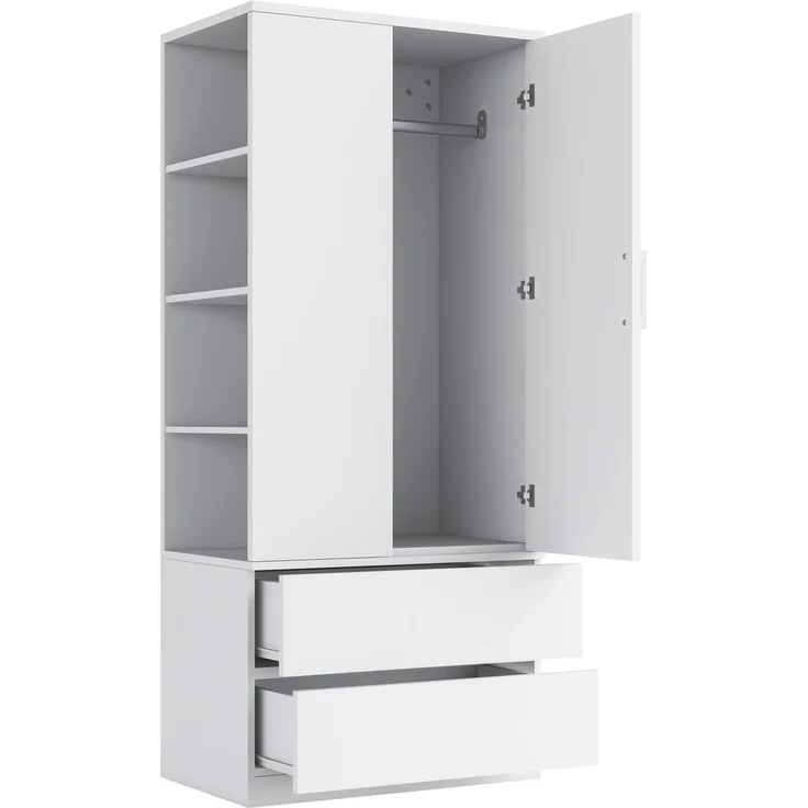 Kleiderschrank 70 x 50 x 175 cm in Weiß mit Kleiderstange, offenen Fächern und 2 Schubladen – Bild 8