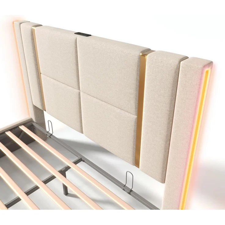 Polsterbett 140×200 cm aus Leinen-Stoff mit LED-Beleuchtung und USB-Ladebuchse, grau – Bild 10