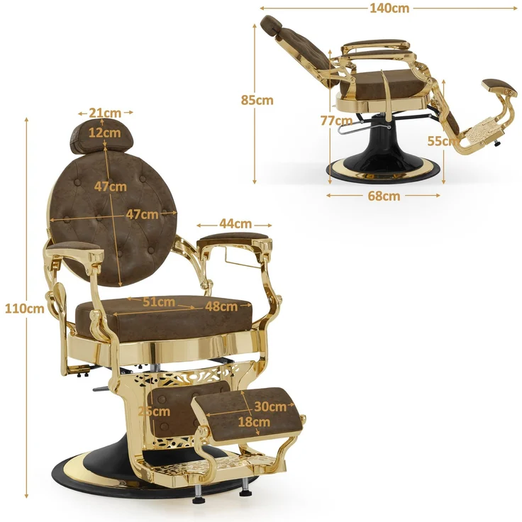 BarberPub Friseurstuhl mit Kopfstütze Kippbar, Friseureinrichtung mit Hydraulikpumpe 360° Drehbar, Höhenverstellbarer Kunstleder, 2933BR-F (Gold-Braun) – Bild 2