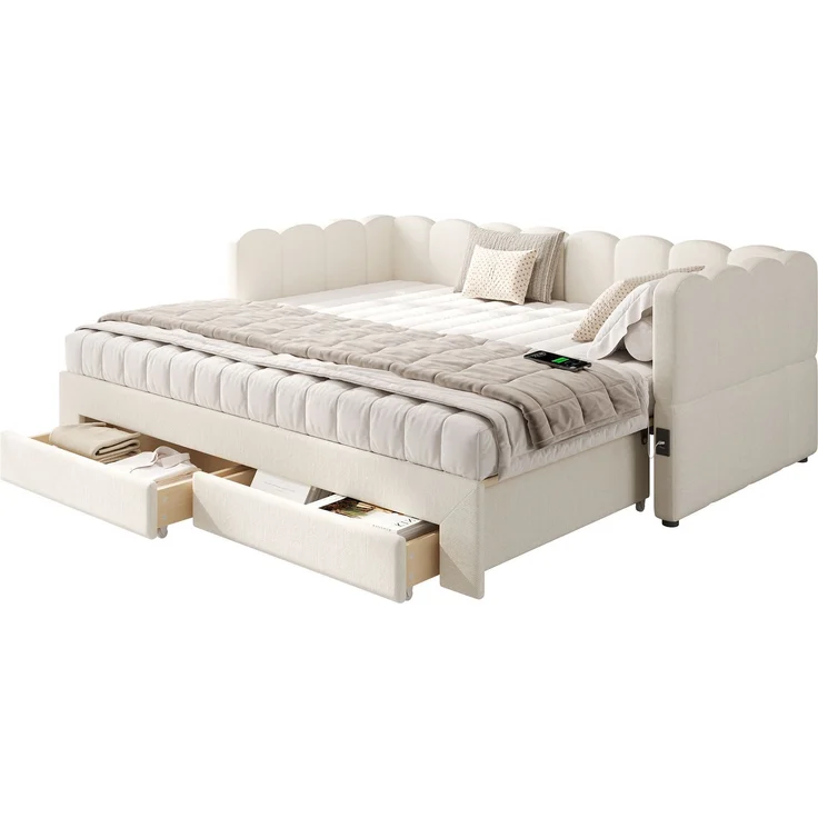 CHICFURN Ausziehbett 90/180x190 cm aus Leinen Beige mit 2 Schubladen und USB- und Type-C-Anschlüssen – Bild 7