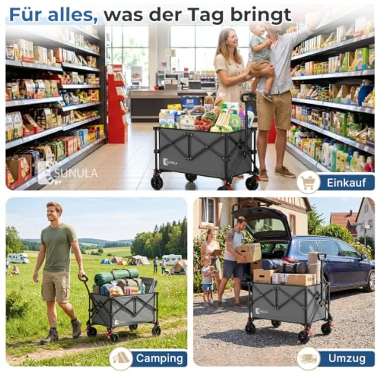 SUNULA Bollerwagen Faltbar Transportwagen, grau, 120 L / 80 KG Klappbar, 4-seitig zusammenfaltbar für Sport, Garten, Einkaufen, Camping – Bild 7