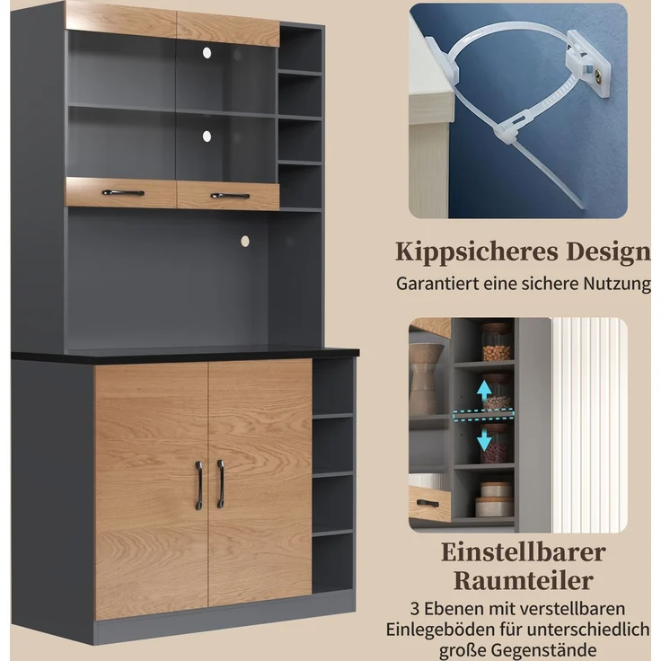 100x47x187cm, Küchenschrank, Buffet mit LED-Ambiente-Beleuchtung und Kabellöchern, Küchen-Highboard aus Holz, großer Platz für Mikrowelle, freistehend, höhenverstellbare seitliche Ablagefächer – Bild 5