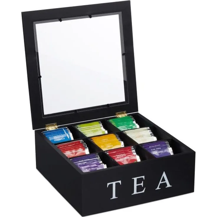 Relaxdays Schwarze Teebox mit 9 Fächern