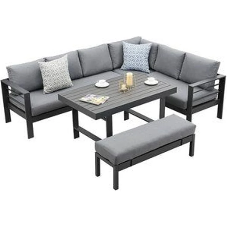 MeXo Gartenlounge-Set Gartenmöbel Set Aluminium, (Gartenlounge Ecklounge, 5-tlg, 3 Ecksofas, 1 Bank, 1 Esstisch, 11 dicke Kissen), Wetterfest Terrassenmöbel Set für 8 Personen – Bild 6
