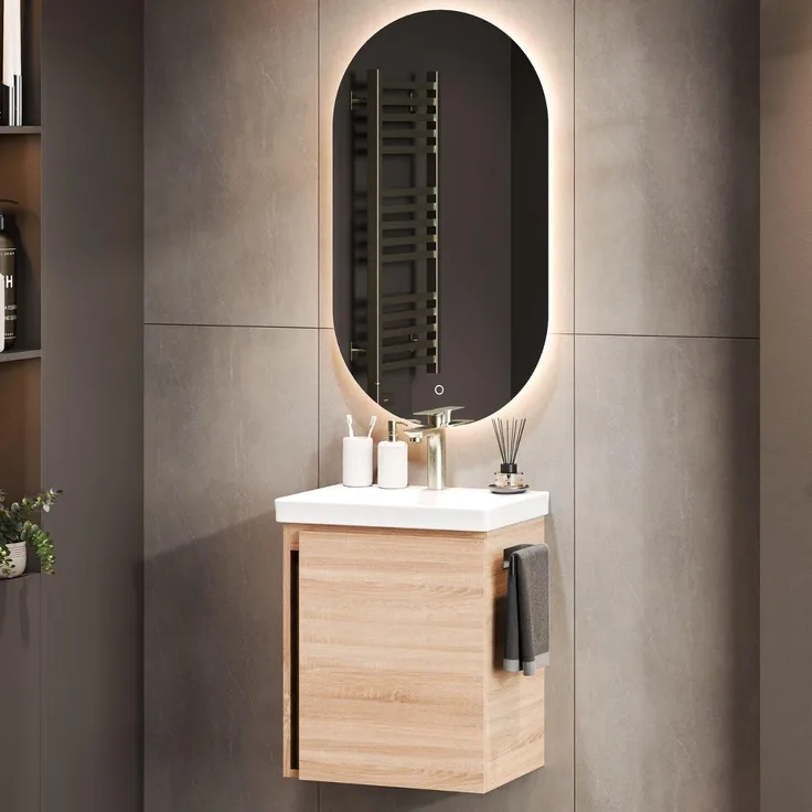 Planetmöbel Waschtischunterschrank in Sonoma Eiche 50cm mit Waschbecken & Spiegel, Badmöbel Set für Badezimmer Gäste WC