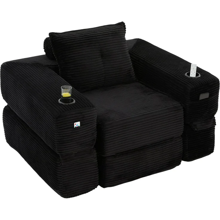 Klappsofa aus Cord mit Federkern, Getränkehalter, 122x98x80 cm, Schwarz – Bild 7