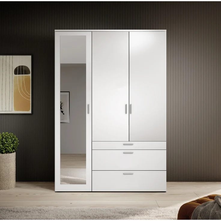 Kleiderschrank >Vesala< in Weiß mit Spiegel, Melamin - 135x195x56cm (BxHxT) – Bild 8