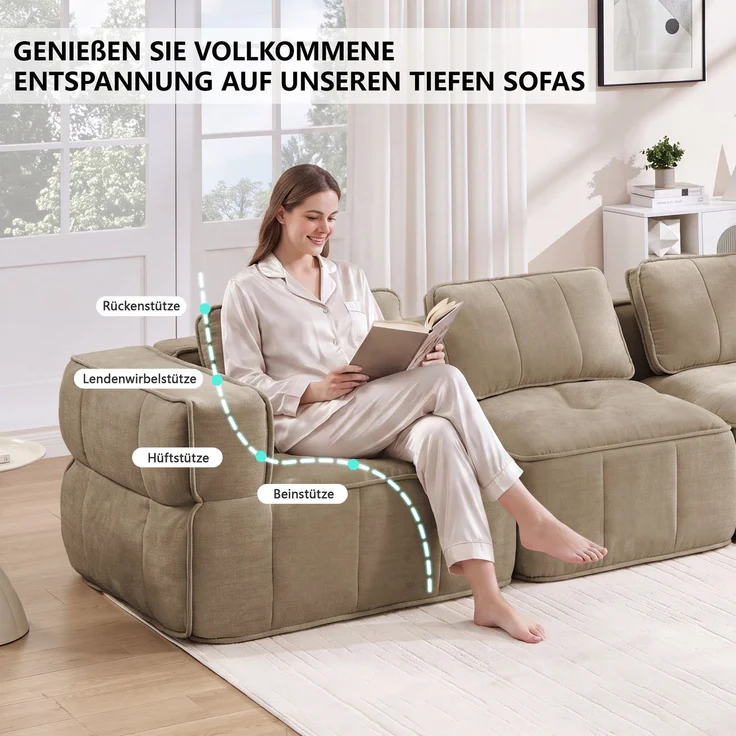 EINHOM Modulares 3-Sitzer-Sofa, stützenloses Design, 32D-Schaumstoff hoher Dichte, bequemer Stoff, geeignet für das Wohnzimmer, rutschfestes Design, keine Montage erforderlich, Sand – Bild 5