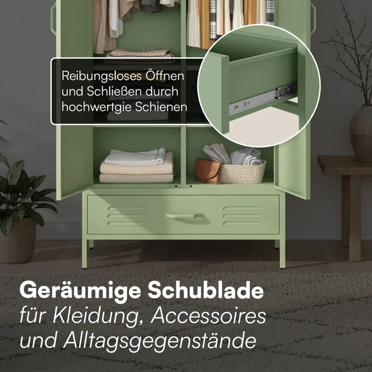 skølm 'Atria' Kleiderschrank mit Schublade, Metall, 170x45x80 cm, grün, Garderobe mit 4 Fächern und 2 Kleiderstangen – Bild 5